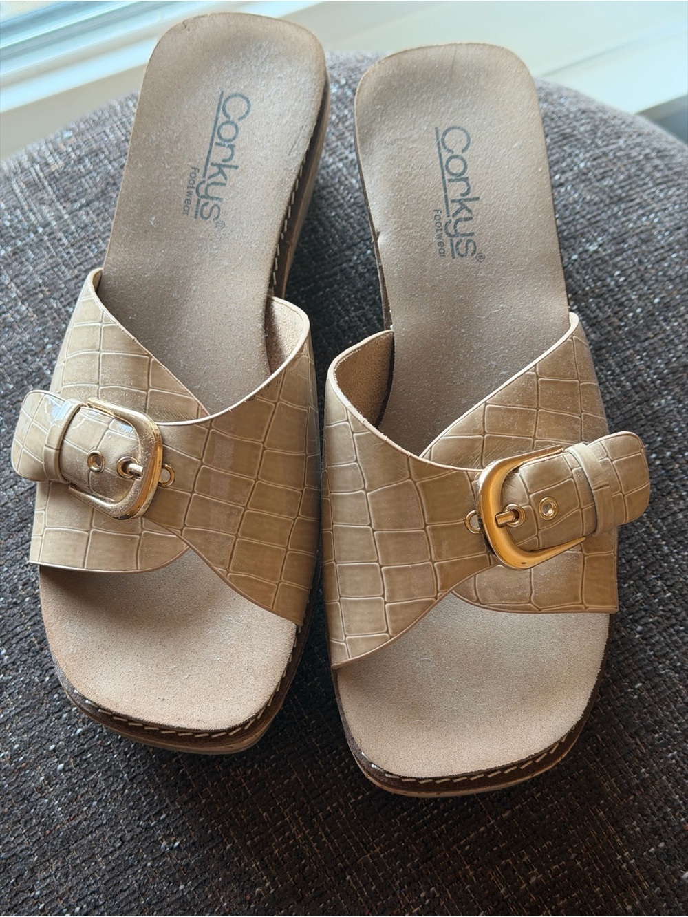 Corkys Tan Croc-Embossed Buckle Slide Mules